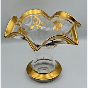 Vintage Decorative Art Nouveau Floral Vase Gold Leaf Ruffled Top and Base